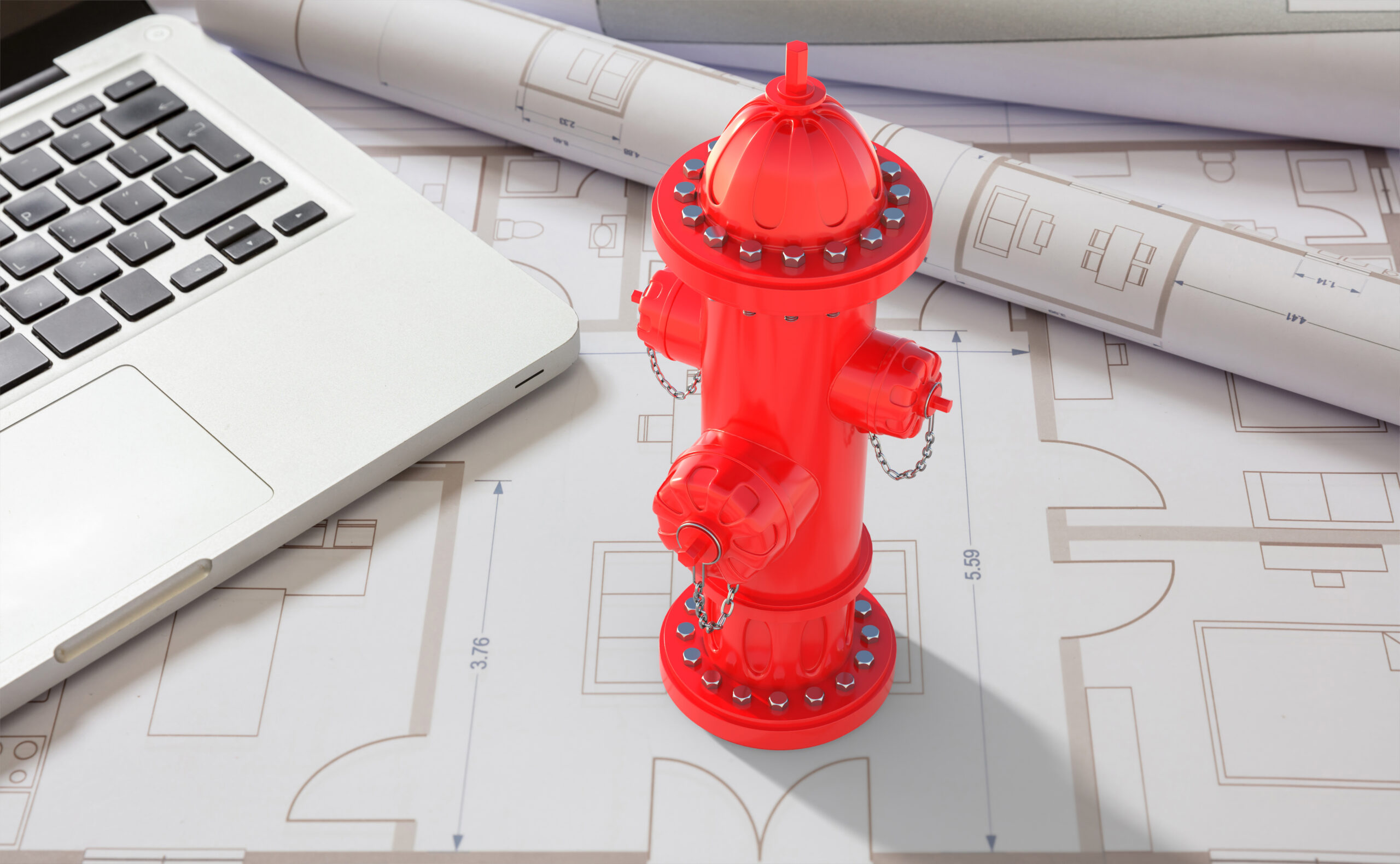fire hydrant laptop blueprints background 3d illustration scaled